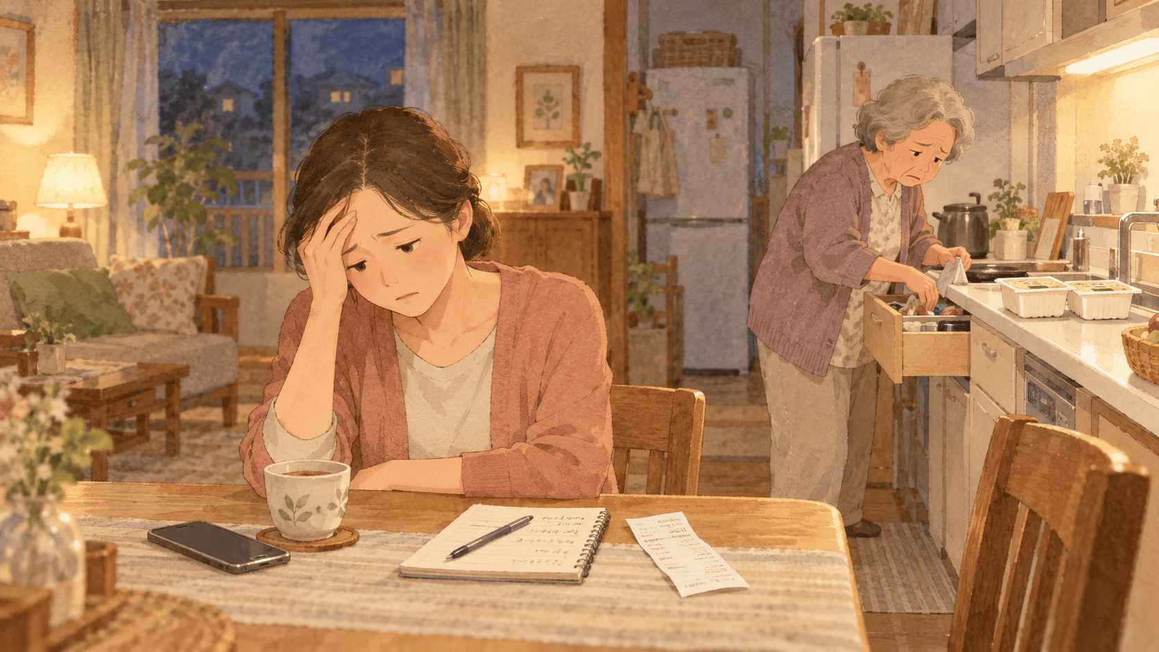 夕食後、電話をかけようか考えているご家族と、台所で財布を探すご本人(想定イメージ)