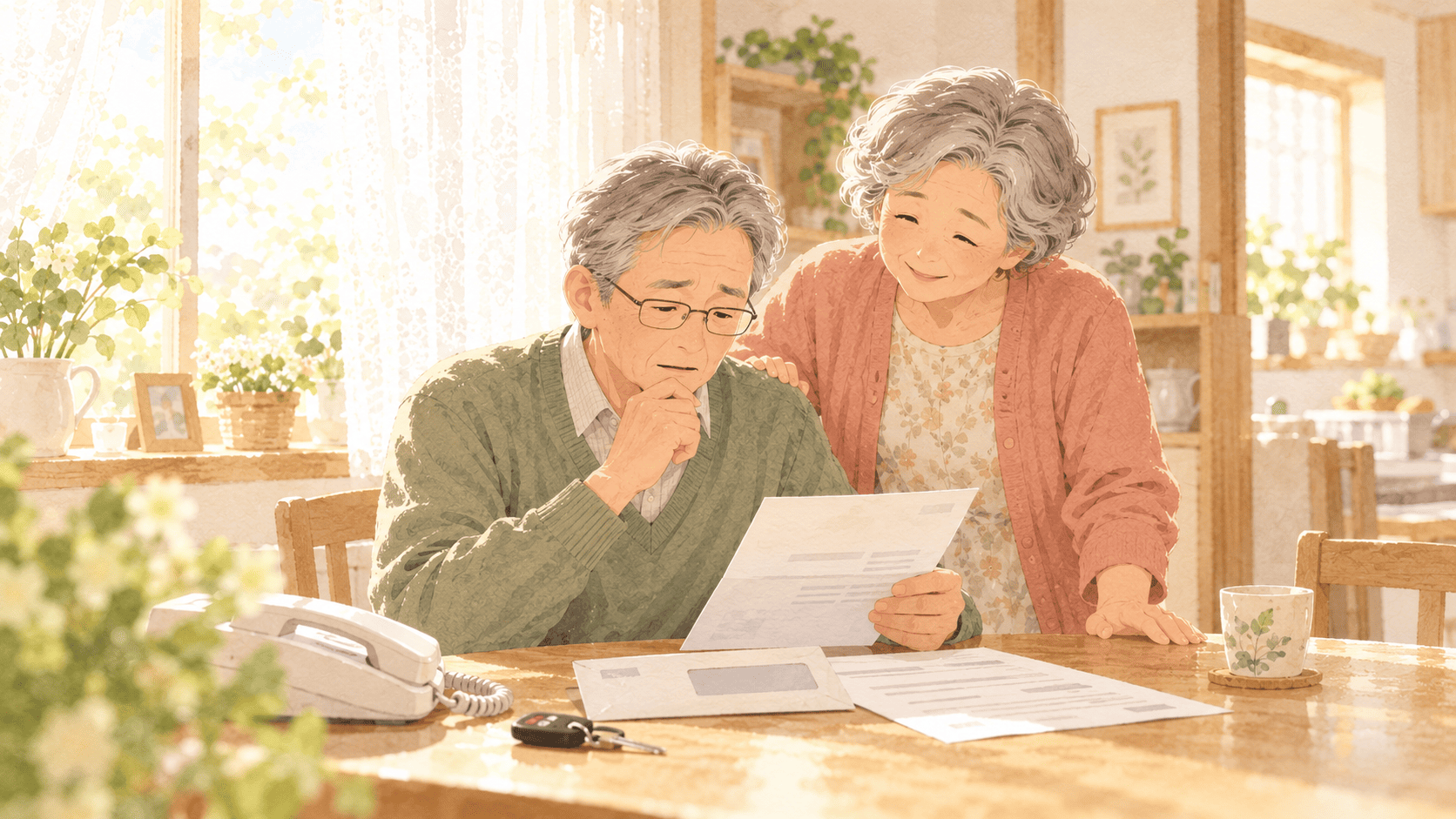 食卓で公安委員会からの通知書を読むご本人と、そばで見守るご家族(想定イメージ)